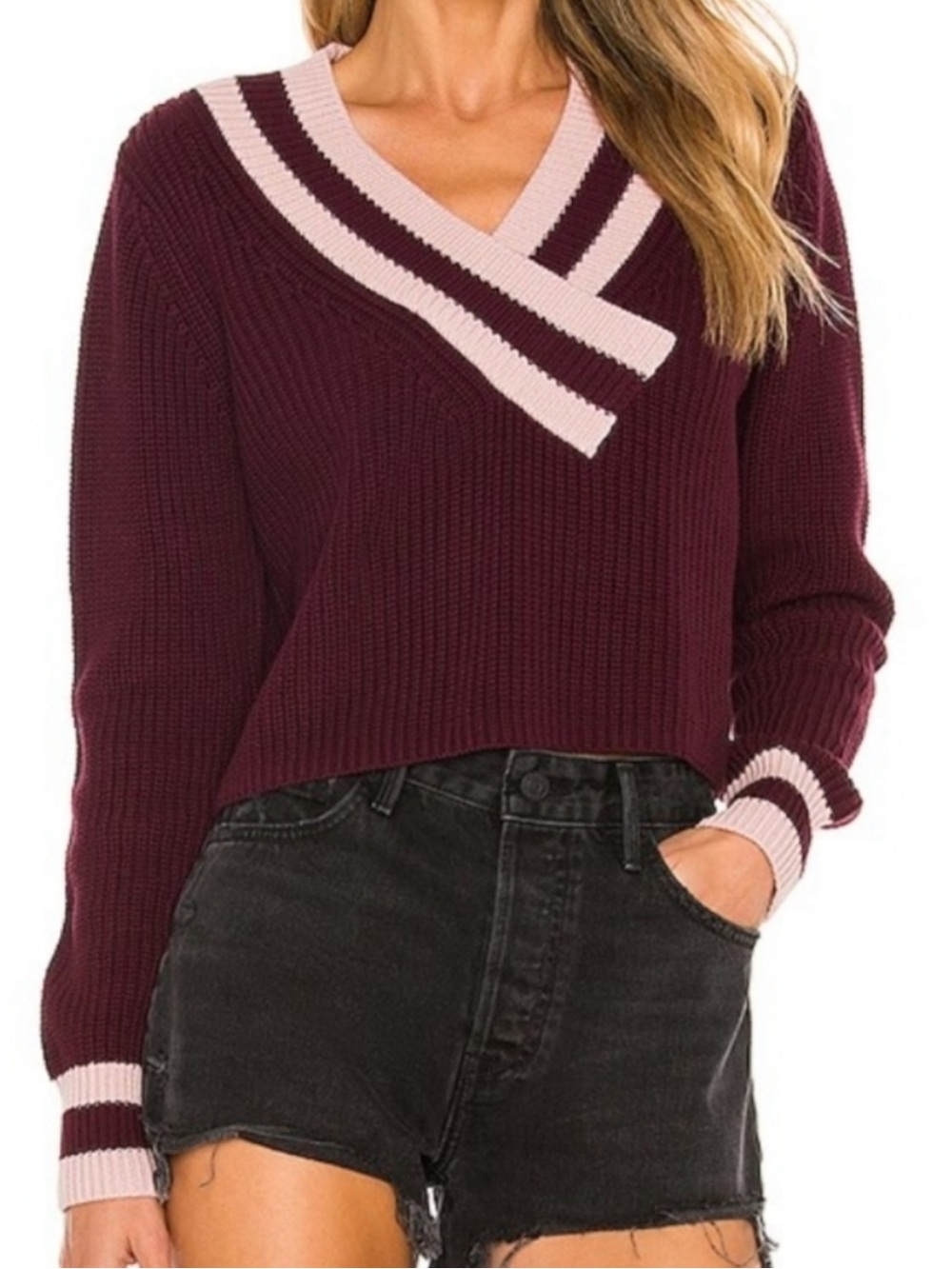 525 America Black and Cream Cropped Varsity V-Neck Stripe Sweater